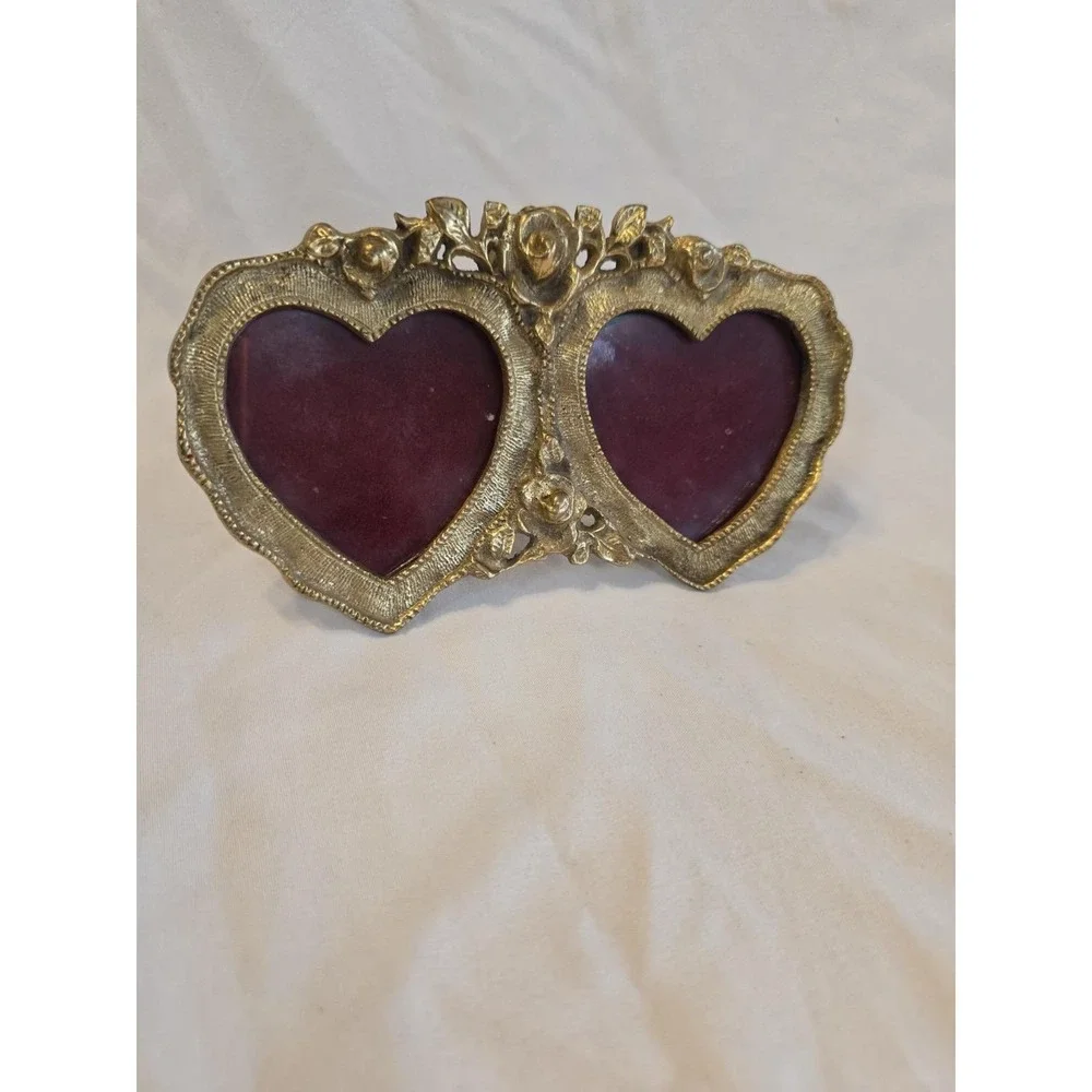 Solid Brass Ornate Double Heart Picture Frame With Roses Decorative Decor